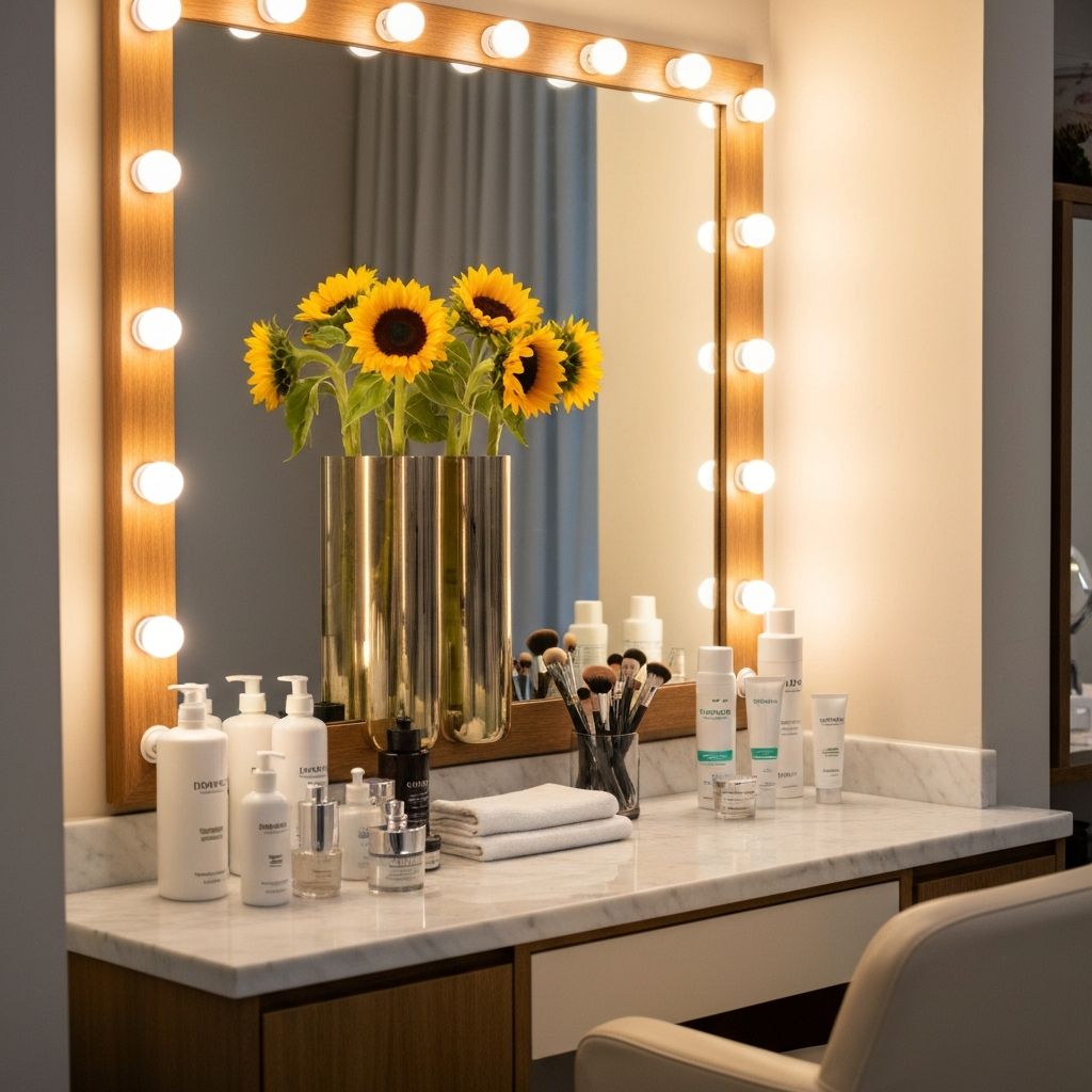 Renewelle Studio — elegant beauty workspace with warm lighting and fresh florals